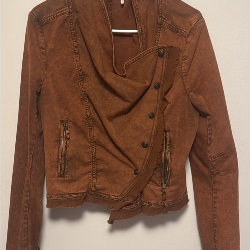Free People Women’s Distressed Rust Brown Jacket with Asymmetric Snap Front
